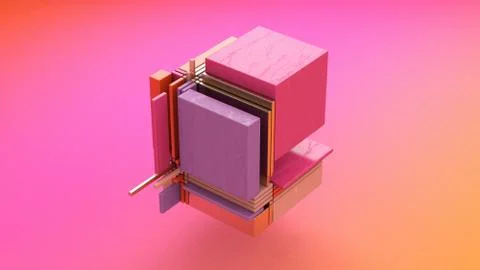 Broken cube. Glass, metallic, plastic rectangles. 3d render. Stock Illustration