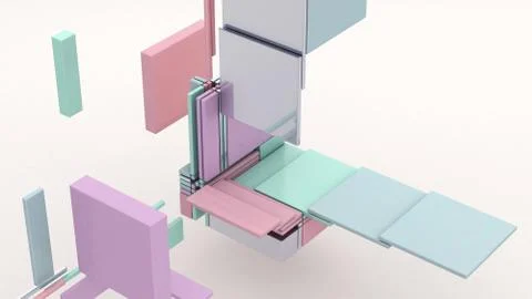 Broken cube. Glass, metallic, plastic rectangles. 3d render. イラスト素材