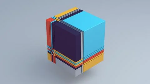 Broken cube. Glass, metallic, plastic rectangles. 3d render. Stock Illustration