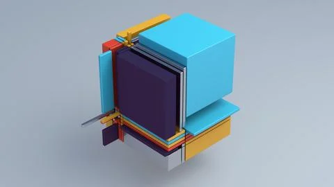 Broken cube. Glass, metallic, plastic rectangles. 3d render. Illustrazione stock