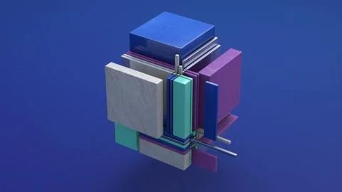 Broken cube. Marble, metallic, plastic rectangles. 3d rendering. Illustrazione stock