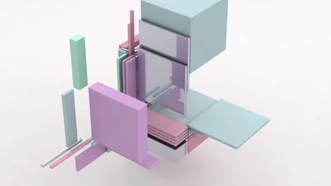 Broken cube. Metallic, glass, plastic rectangles. White background. 3d render. Stock Footage 133280925