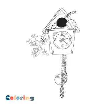 Broken cuckoo clock. Vector illustration in the form of coloring. Stock Illustration