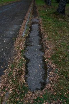 A broken curb on an old paved road. A road sprinkled with dry leaves Stock Photos