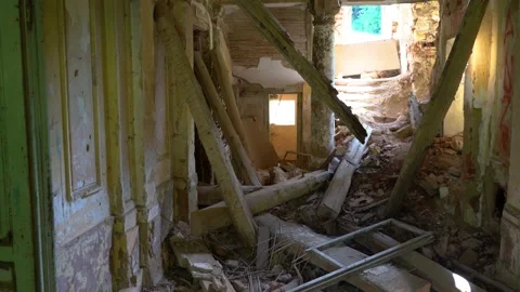 Broken damaged and rotten ceiling of old house Stock Footage 171591215