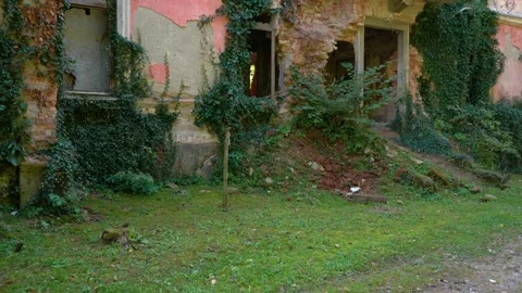 Broken damaged and rotten old villa in countryside area Stock Footage 171590921