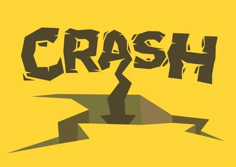 Broken design font of Crash with a down arrow crashing into the ground on a y Stock Illustration