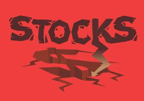 Broken design font of Stocks with a down arrow crashing into the ground on a Stock Illustration
