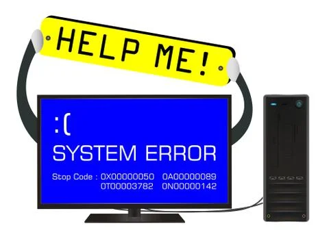 Broken desktop computer error screen with help me banner Stock Illustration