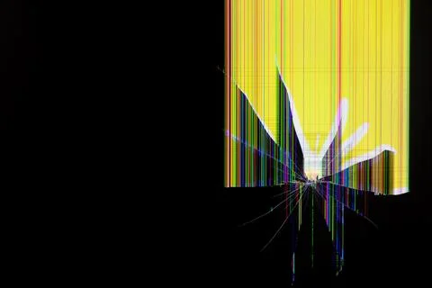 Broken digital display screen features radiating fracture lines, vibrant mu.. Stock Photos