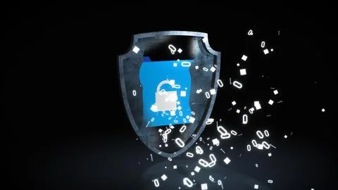 Broken digital shield with exposed data elements illustrating cyber attack, Illustrazione stock