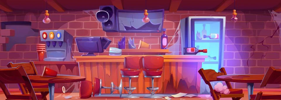 Broken down abandoned bar counter interior Stock Illustration