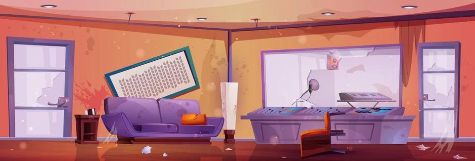 Broken down abandoned recording studio room. Stock Illustration
