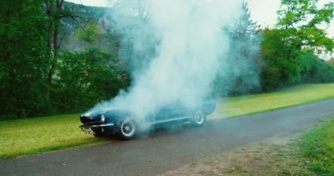 Broken Down Car with Heavy Smoke on Roadside Emergency Scene Stock Footage 336612915