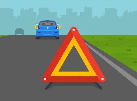 Broken down car on highway with warning sign. Back view. Stock Illustration