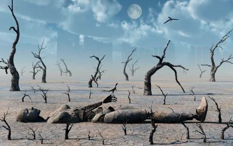 A broken down petrified android robot. Illustration