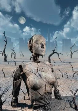 A broken down petrified android robot. Illustration