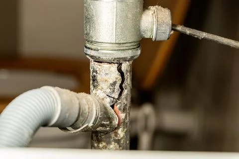Broken drain pipe under bathroom sink, leaking water. Plumbing problem, home  Stock Photos