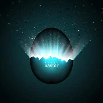 Broken easter egg and universe. Light and space stars from crack in easter egg Stock Illustration