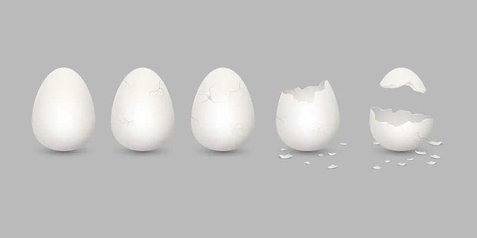 Broken easter egg. White 3d shell. Break or open chicken eggshell, half and Stock Illustration