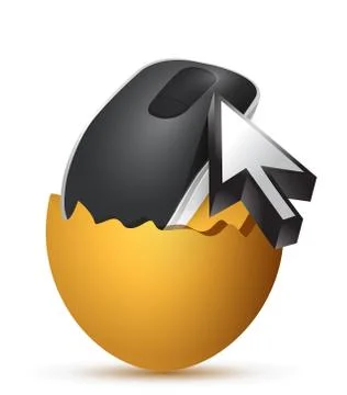 Broken egg and wireless computer mouse isolated on white background Illustrazione stock