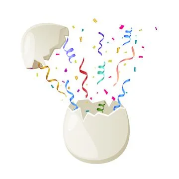 Broken egg, confetti and streamer explosion, festive firecracker. Illustrazione stock