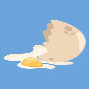 Broken egg. Cracked egg with shell and yolk isolated on blue background. Hand Illustrazione stock