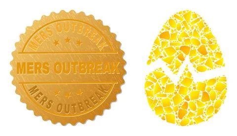 Broken Egg Icon Mosaic of Gold Spots and Metallic Mers Outbreak Stamp Stock Illustration