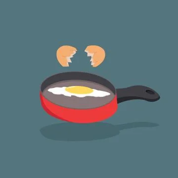 Broken egg shell vector  with yolk on Red pan cooking Illustrazione stock