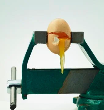 Broken egg under pressure in bench vice Fotos Stock