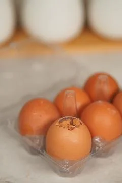 Broken eggs are placed in a clear carton on the kitchen counter Stock Photos