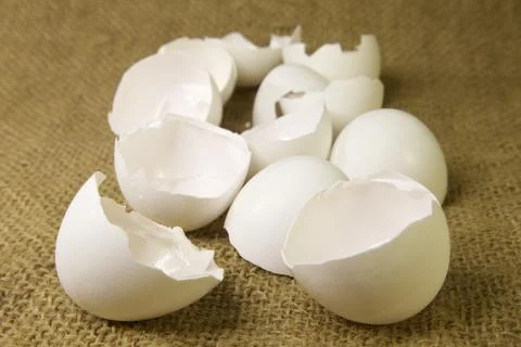 Broken eggshell on brown canvas Stock Photos