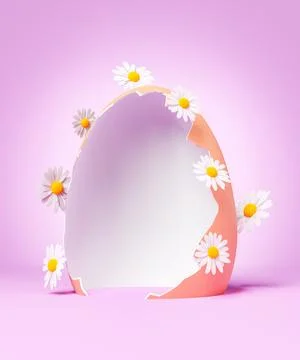 Broken eggshell decorated with delicate white daisies Stock Illustration
