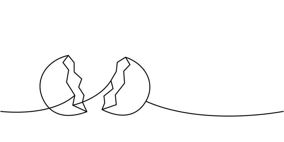 Broken eggshell one line continuous drawing. Organic farm product. Vector Stock Illustration