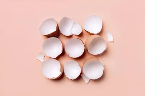 Broken eggshells in the middle of the light coral color background Stock Photos