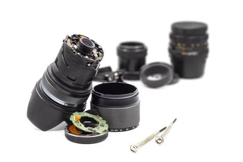 Broken electric camera lens Foto stock