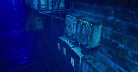 Broken electrical meters in dimly lit room with blue lighting Stock Footage 329938508