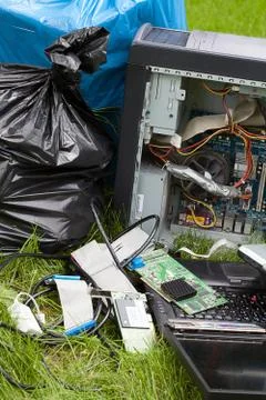Broken electronics in forest Stock Photos