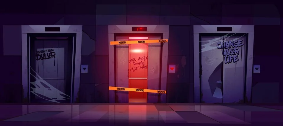 Broken elevators, abandoned lift with damaged door Ilustración de archivo