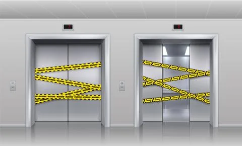 Broken elevators closed for repair or maintenance. Realistic half opened cabin Stock Illustration