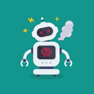 Broken error robot with spark. Cyborg Technology and Futuristic Intelligenc.. Illustrazione stock