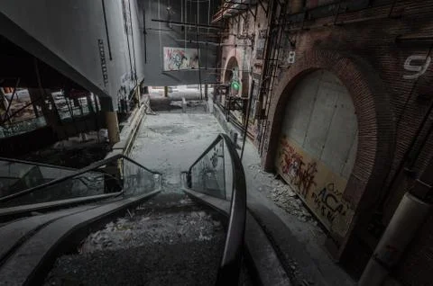 Broken escalator view in a event hall Stock Photos