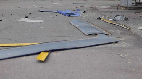 Broken gas station from shells and mines, destroyed by the war in Ukraine Stock Footage 244049197