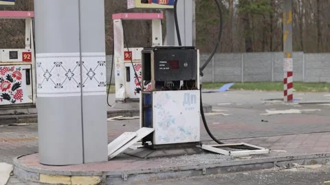 Broken gas station from shells and mines, destroyed by the war in Ukraine Stock-Footage 244049213