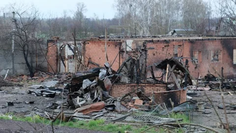 Broken gas station from shells and mines, destroyed by the war in Ukraine Stock Footage 254206123