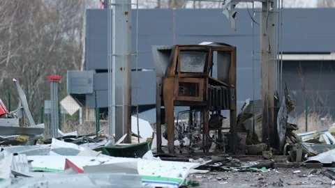 Broken gas station from shells and mines, destroyed by the war in Ukraine Stock-Footage 254207105