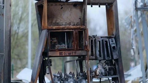 Broken gas station from shells and mines, destroyed by the war in Ukraine Stock-Footage 254208557