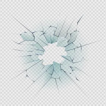 Broken glass. Cracked window texture realistic destruction hole in transparent Stock Illustration
