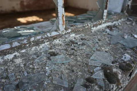 Broken Glass On Decaying Window Sill, Abandoned Building, Bulcote, Stock Photos