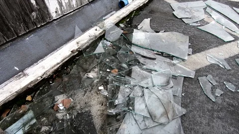 Broken Glass Smashed Window Cinematic At Crime Scene, 4K Stock Footage 96115756